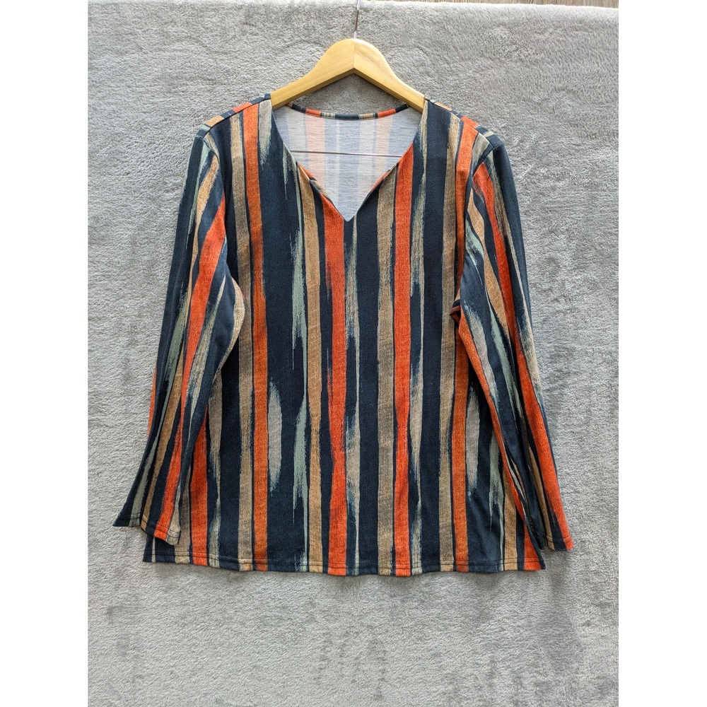 Boho Abstract‎ Stripe V-Neck Top Women XL Long Sleeve Orange Navy Tan